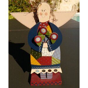 Patchwork Angel Wooden 1996 Hand Painted Signed Folk Art 14” Cottagecore Country